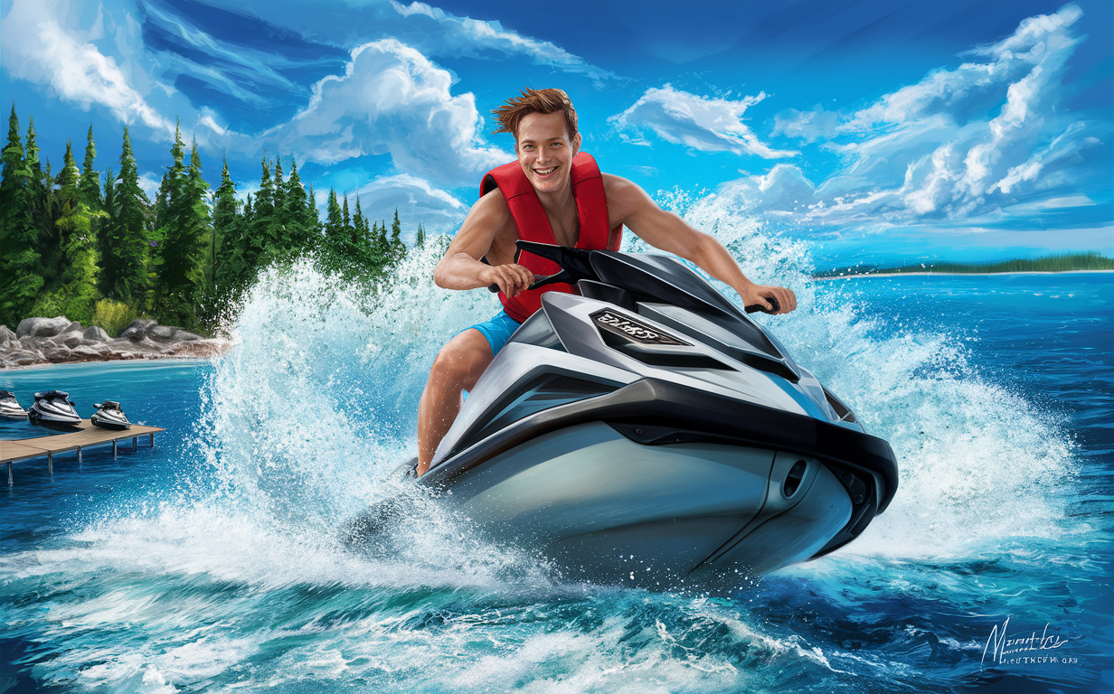 A person riding a jetski on a beautiful lake surrounded by pine trees and mountains in Manitoba, splashing water as they enjoy an exhilarating ride.