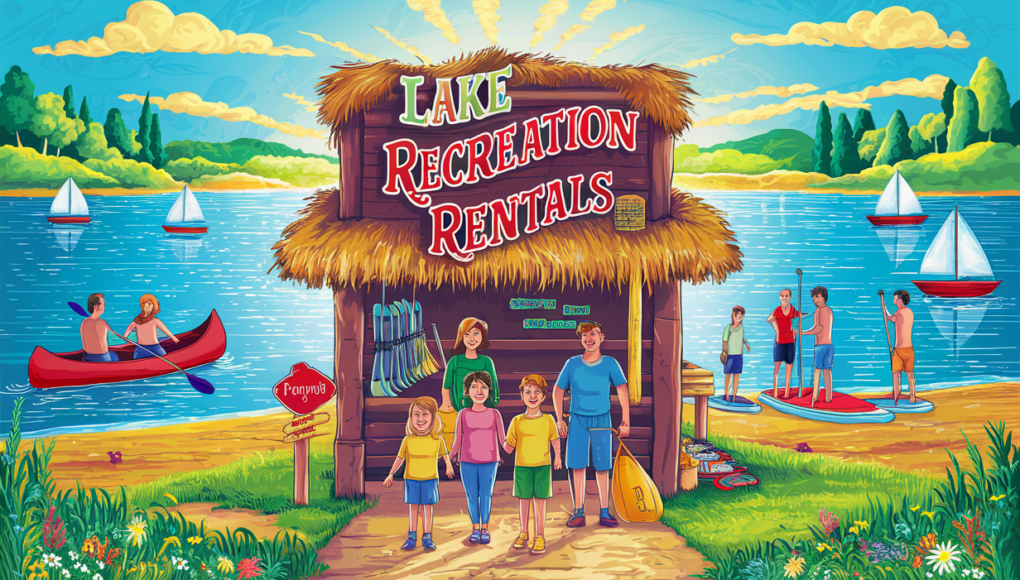 An illustration of a lakeside recreation rental stand with people enjoying various water activities like canoeing, sailing, and paddleboarding on a sunny day with mountains and trees in the background.