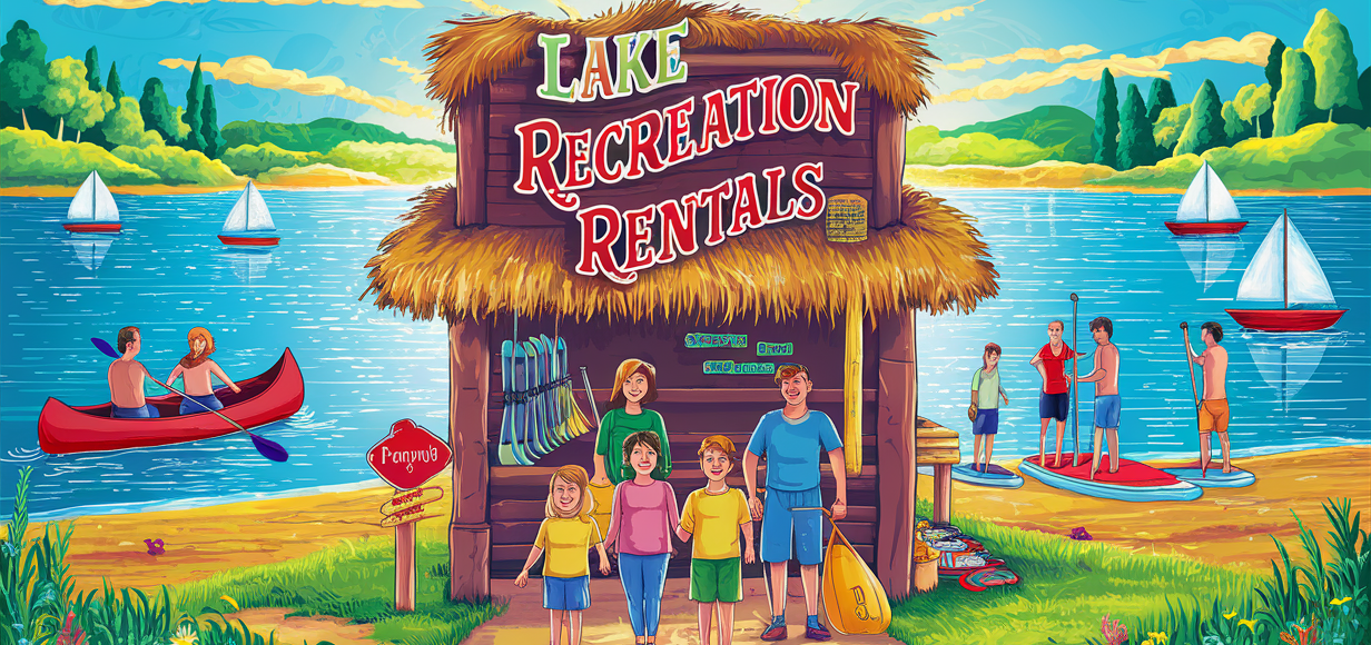 An illustration of a lakeside recreation rental stand with people enjoying various water activities like canoeing, sailing, and paddleboarding on a sunny day with mountains and trees in the background.