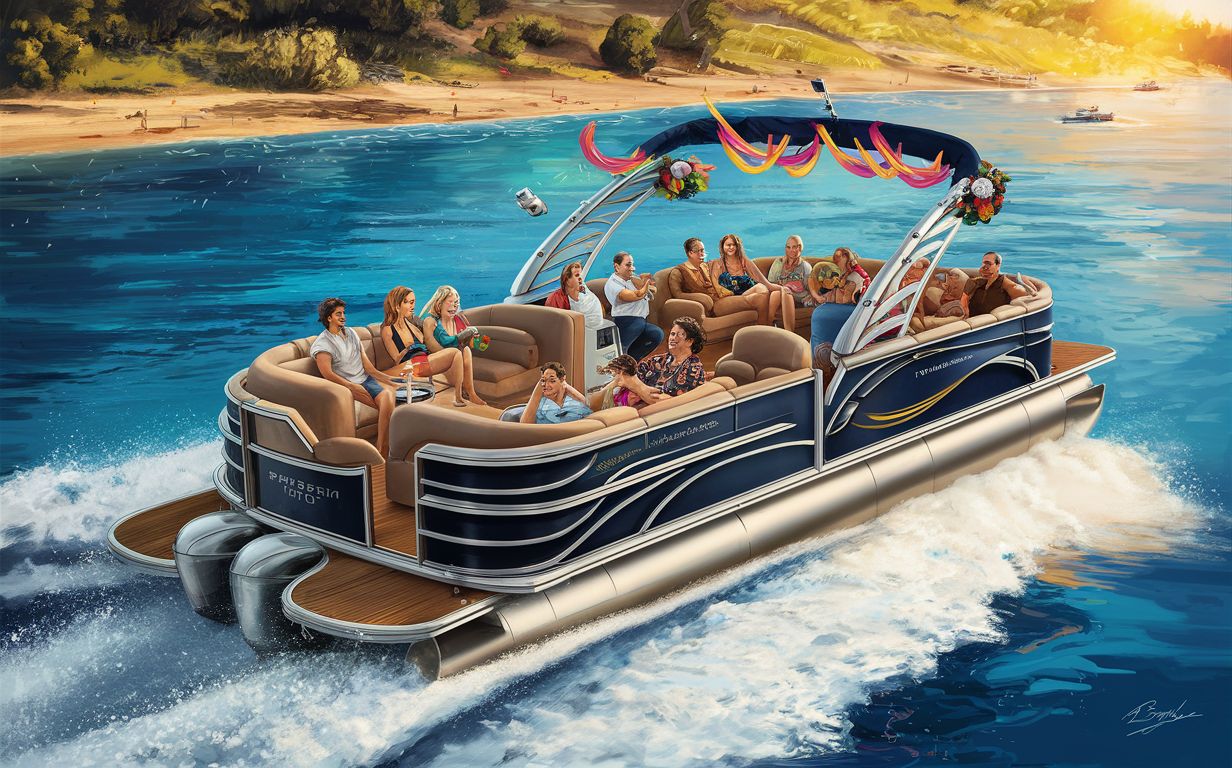 Illustration of a festive pontoon party boat with people enjoying themselves on the water under a sunny sky