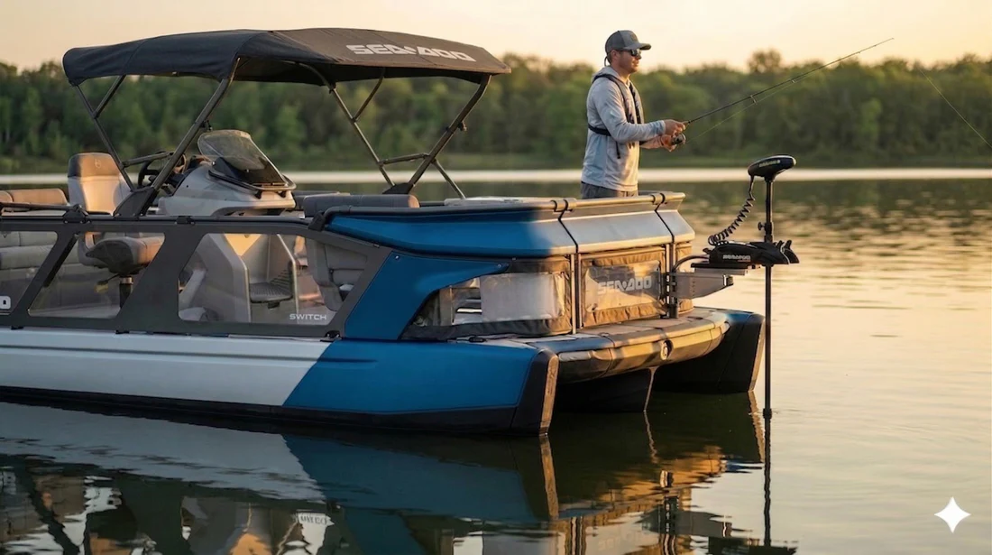 Sea-Doo Switch pontoon on a calm Manitoba lake at sunset